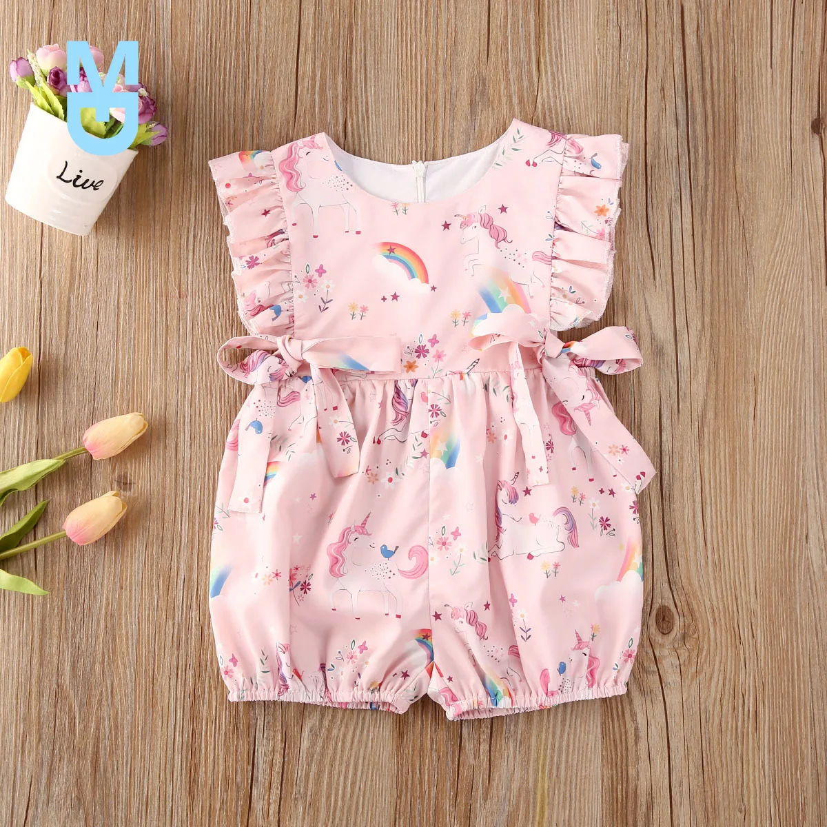 

New Fashion Baby Girl Rainbow Printed Jumpsuit Baby Fashion Ruffles Flying Sleeve Waist Bow One Piece Shorts