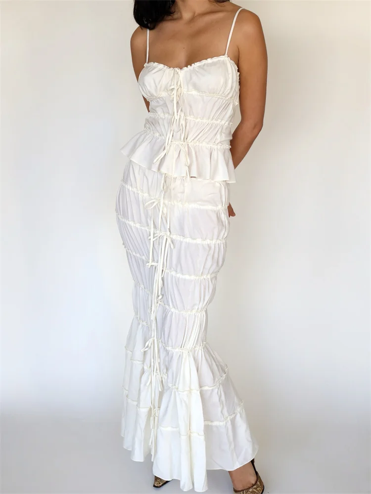 

CHRONSTYLE Women Y2K 2 Pieces Long Skirts Sets Sleeveless Strap Ruched Lace-up Camis Tops Low Waist Long Skirts Streetwear 2023