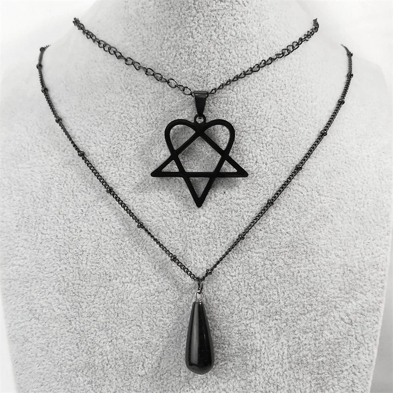 

Lovely FAJA Heartagram Stainless Steel Layered Necklace Black Color Women/Men Gothic Necklace Chain Jewelry cadenas mujer N2613