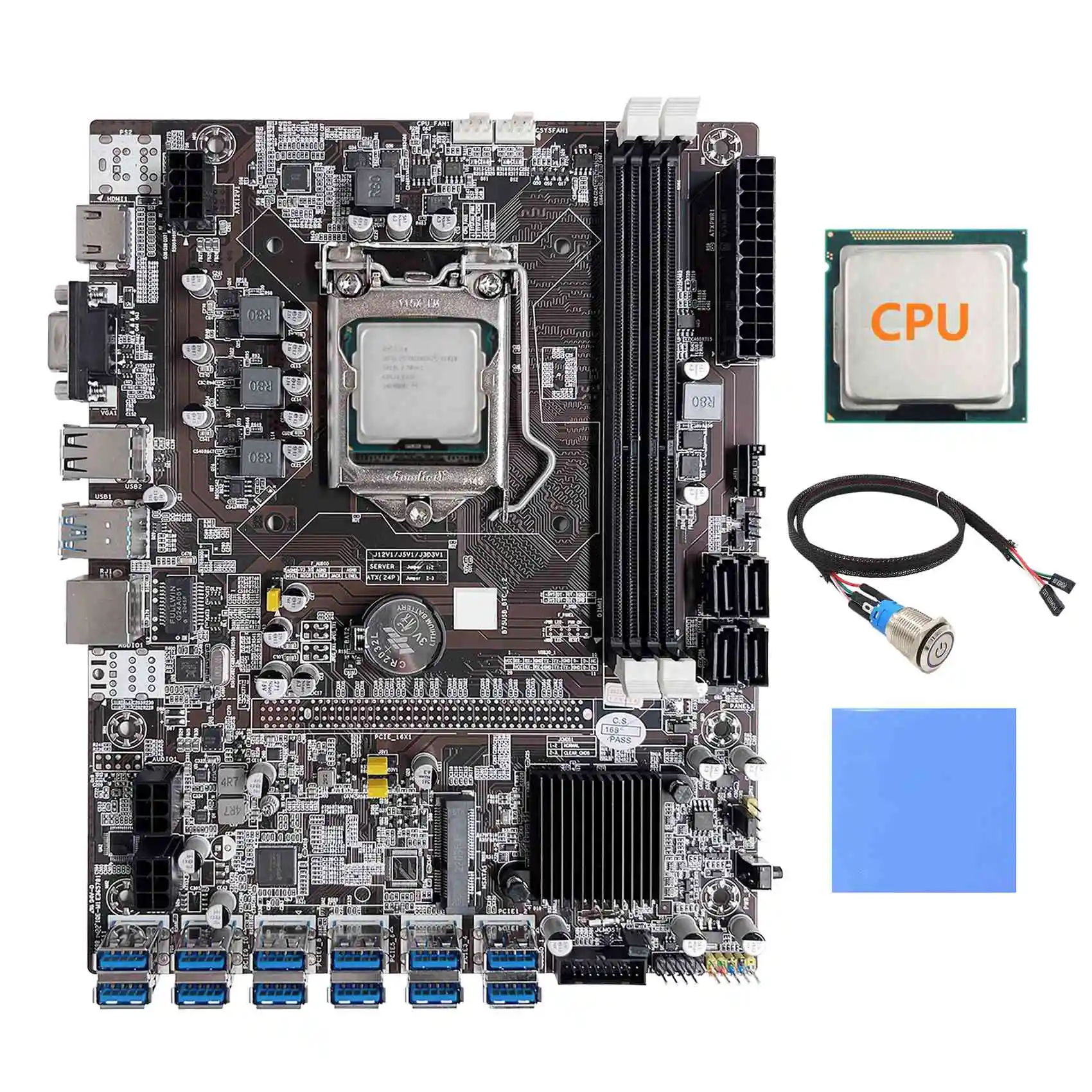 

B75 12 Card BTC Mining Motherboard+CPU+Metal Button Switch Cable(1M)+Thermal Pad 12XUSB3.0 Slot LGA1155 DDR3 RAM MSATA