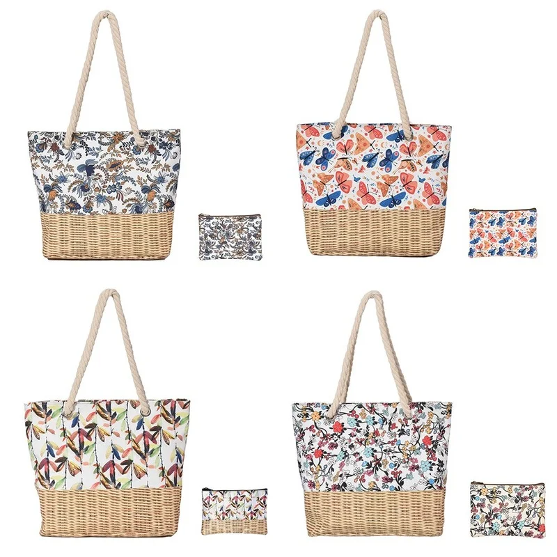 

Designer Handbag Printed Straw Woven Bamboo Canvas Printed Beach Bag Shopping Bag Reusable Eco Bag