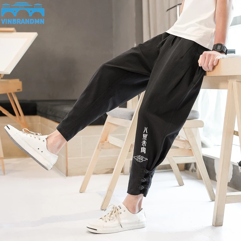 

Мужские свободные шаровары с вышивкой, из хлопка и льна