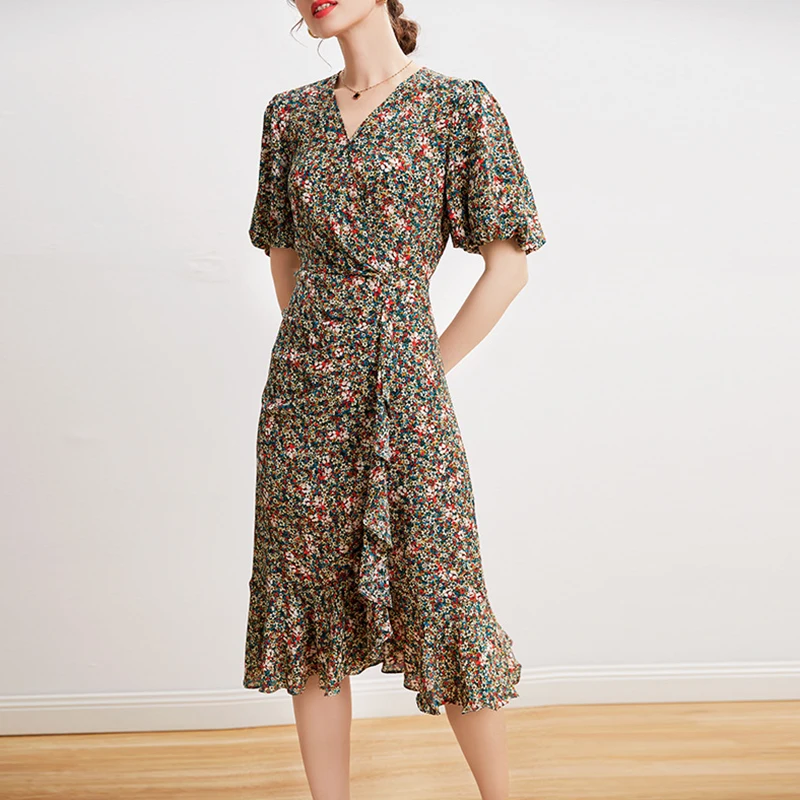 

Lady Elegant Floral Printed Dress Real Silk Top Quality Sundress Women Long Skirt Spring Summer Knee Length Dresses S4157