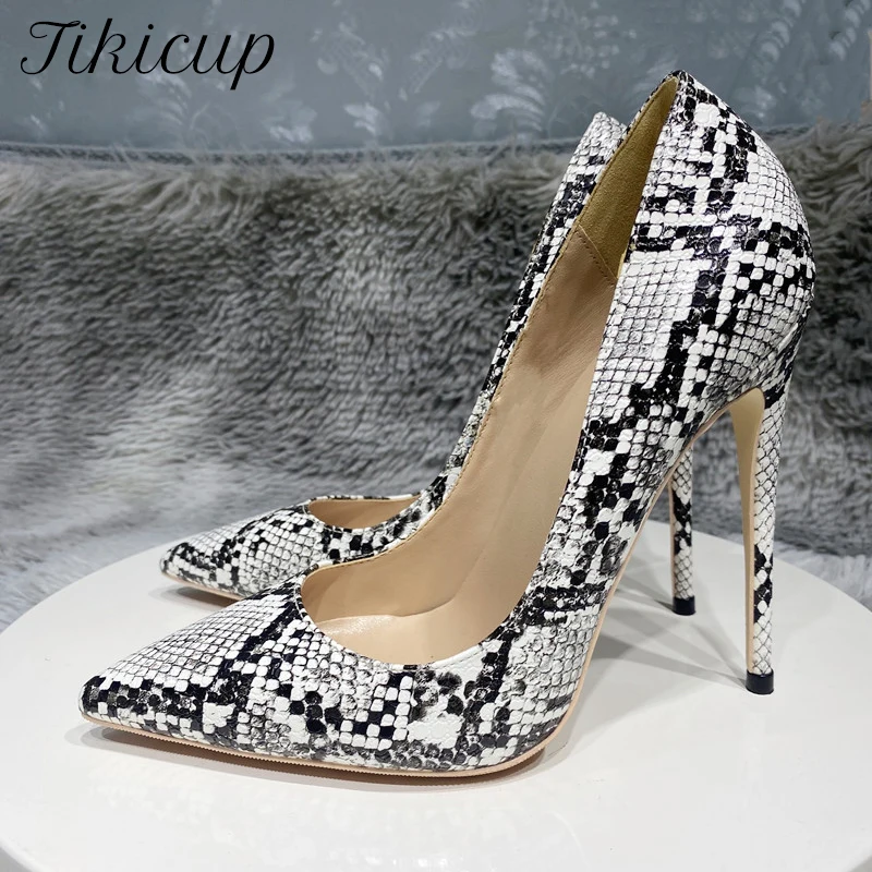 

Tikicup Black White Snakeskin Women Sexy Pointy Toe hIgh Heel Shoes for Party Fashion Designer Stiletto Pumps 8cm 10cm 12cm