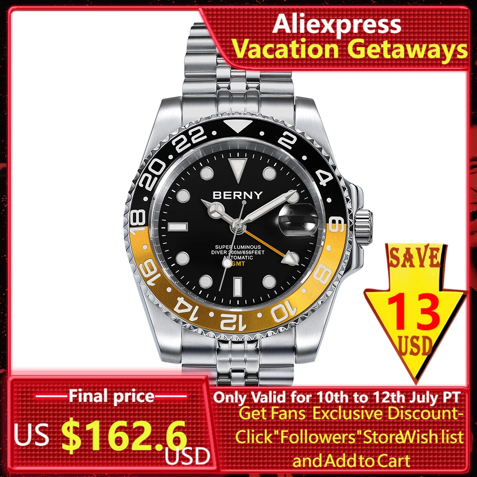 

BERNY Men's Mechanical Self-Winding Watch Super Luminous Easy Read Dial Sapphire Glass 20ATM Professional Diving Sports Watch