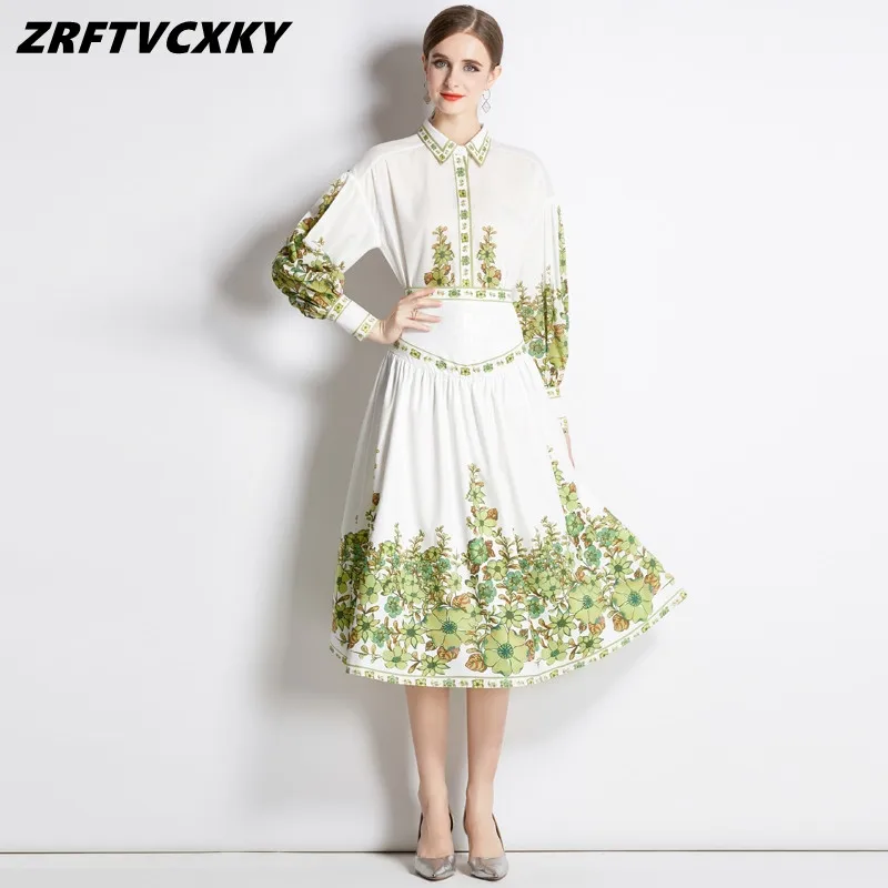

Женский костюм из 2 предметов с юбкой с принтом, модная Свободная рубашка с рукавами-фонариками и Юбка-миди А-силуэта, весенний женский пляжный костюм