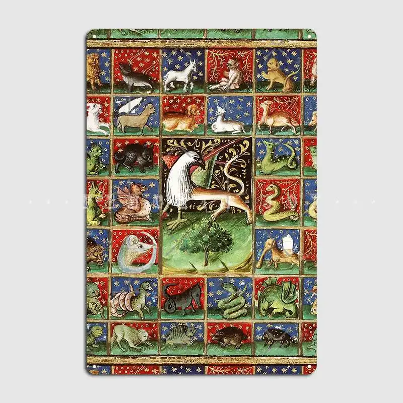 

Medieval Bestiary Fantastic Animals In Red Blue Green Gold Hues Metal Sign Party Designing Wall Decor Tin Sign Poster