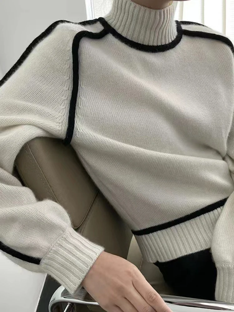 

2022 Fall Winter New Wool Knit Pullover Contrast Color Patchwork White Wool Cashmere Sweater High Quality Tops Free Shipping