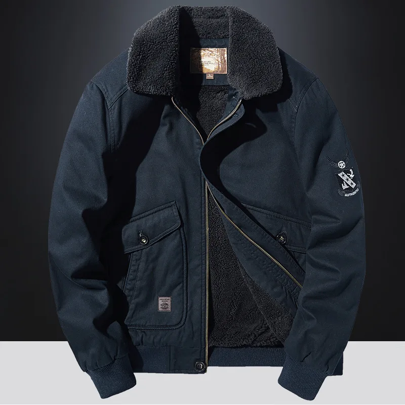 Men's Fashion Plus Velvet Washed Cotton Lapel Jacket Autumn and Winter Bomber Jacket Loose Overalls Winter Coat Men's Clothing