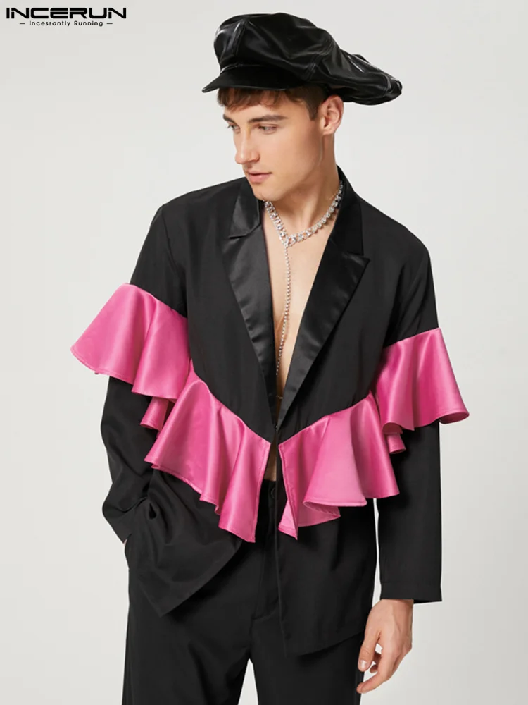

INCERUN Men Blazer Patchwork Lapel Long Sleeve Ruffle 2022 Fashion Casual Suits Men Streetwear Party Nightclub Thin Coats S-5XL
