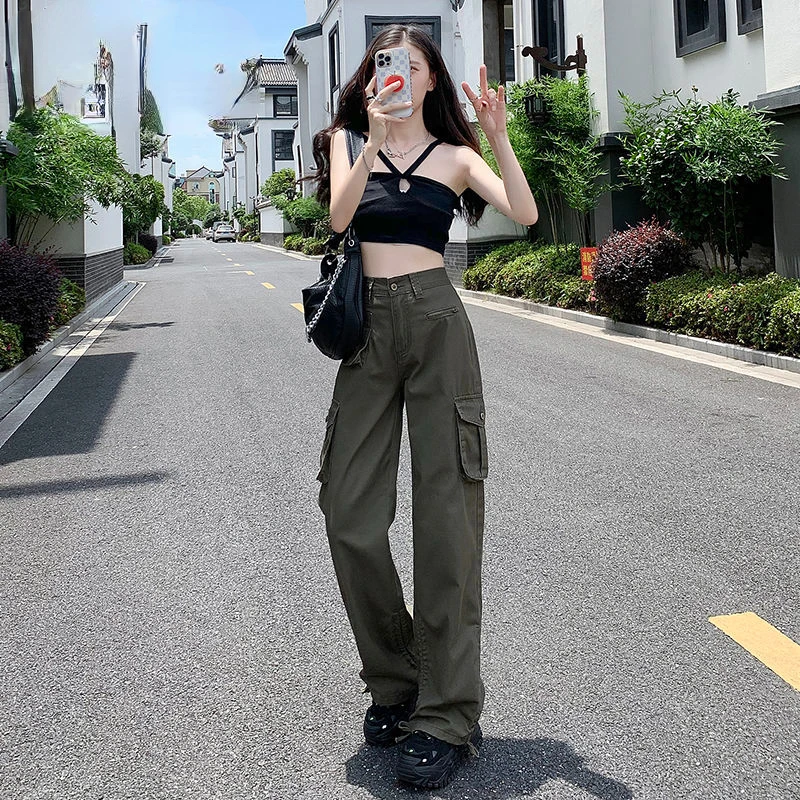 

High Street Casual Denim Overalls 2022 New Fashion High Waist Loose and Thin Straight Wide Leg Pants