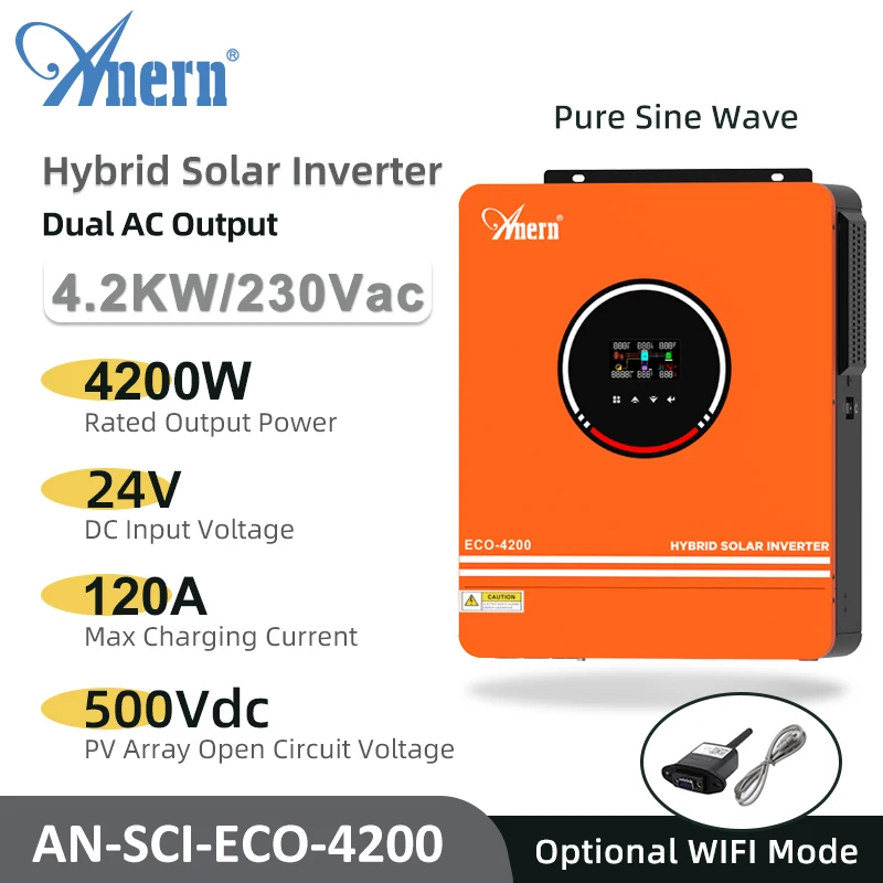 

Anern 6.2KW 4.2KW Hybrid Solar Inverter 24V 48V 230V Off Grid Pure Sine Wave Inverter Max PV Input 500vdc with MPPT 120A Charger