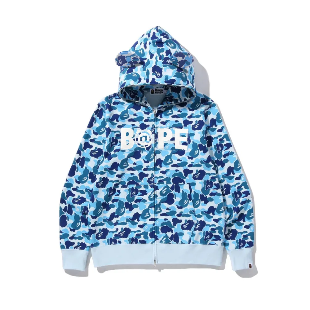

BAPE Hoodie With Ears High Quality 100% Cotton Classic Camouflage Shark Full Zipper Hooded Teens Sweater Green Sudaderas Mujeres