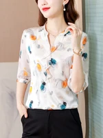 fashion blouse v neck print short silk shirts pretty and cheap womens blouses 2022 elegant summer shirt floral female clothing