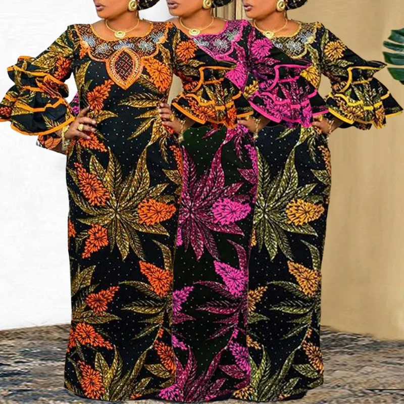 

African Dresses for Women 2023 Spring Autumn African Women Long Sleeve Printing Polyester Long Dress Maxi Dress African Clothes