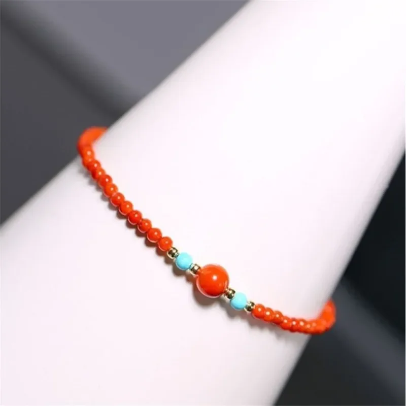 Женские браслеты с бусинами AngLang тонкие из натурального красного агата и бирюзы 3