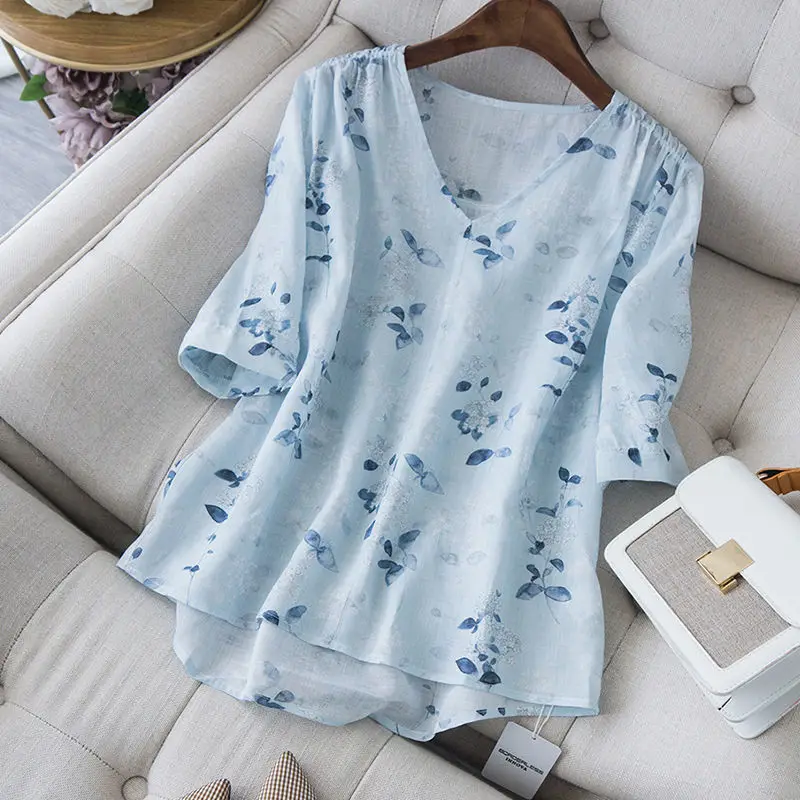 

EAEOVNI Cotton and Linen Printed T-shirt Tops Female 2022 New Short-sleeved Ladies Loose Thin Section Breathable Women Shirt