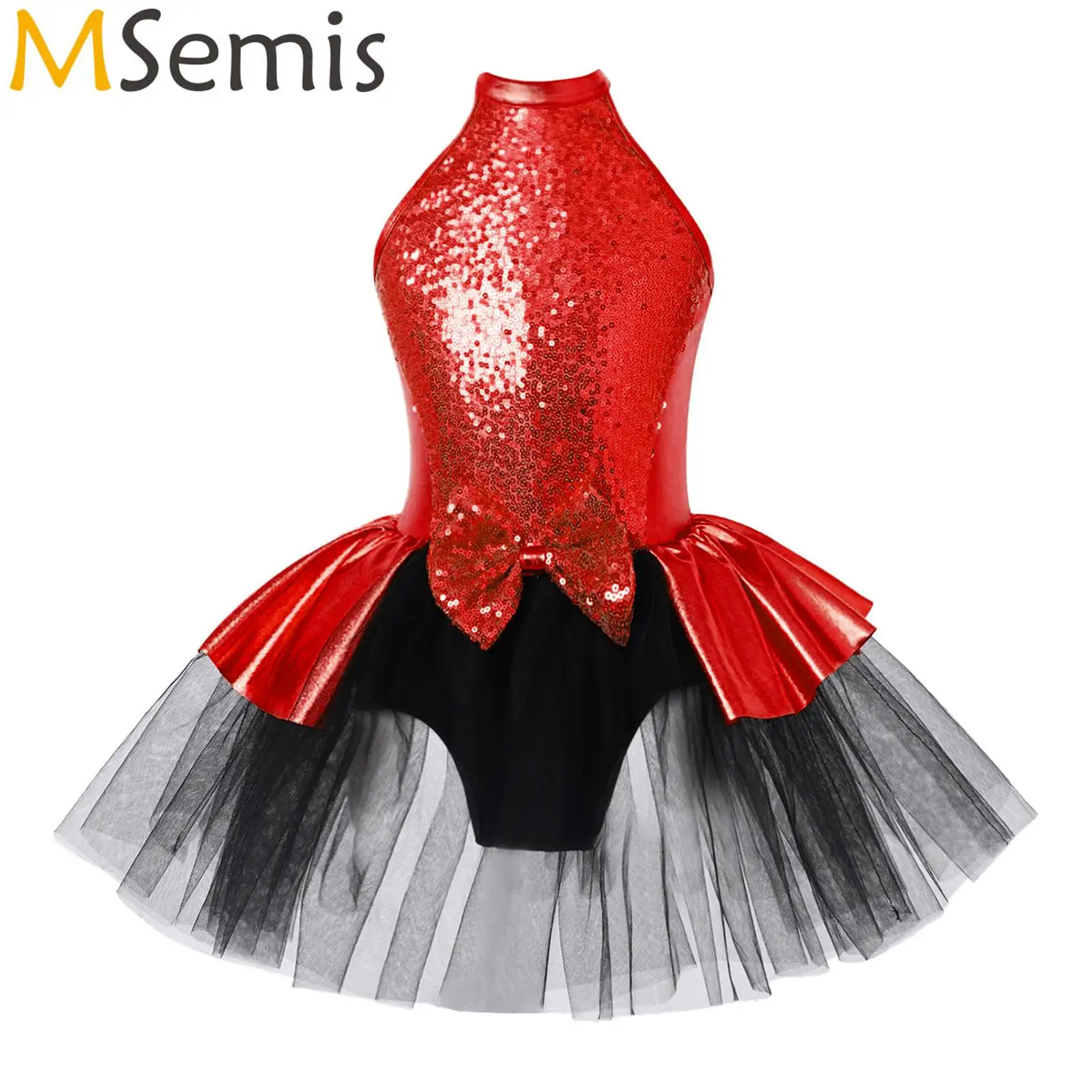 

Kids Girls Ballet Dress Round Neckline Sparkling Sequins Bowknot Decorated Straps Hollow Back Ballerina Tutu Mesh Dance Dress