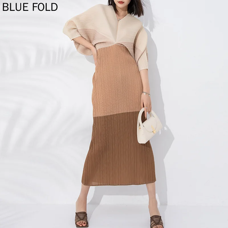 MIYAKE-Элегантное темпераментное платье для женщин V-образный вырез контрастный