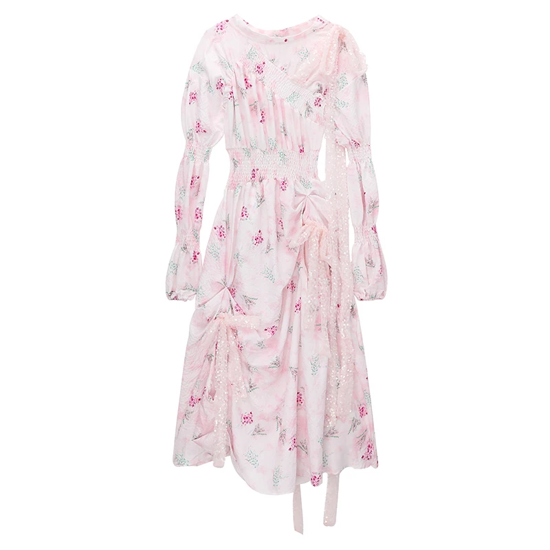 

Frocks For Women Spring Summer Color Sequins Bandage Hollow Floral Long-sleeved Pink Dress Slim Waist Long Skirt Female Holiday