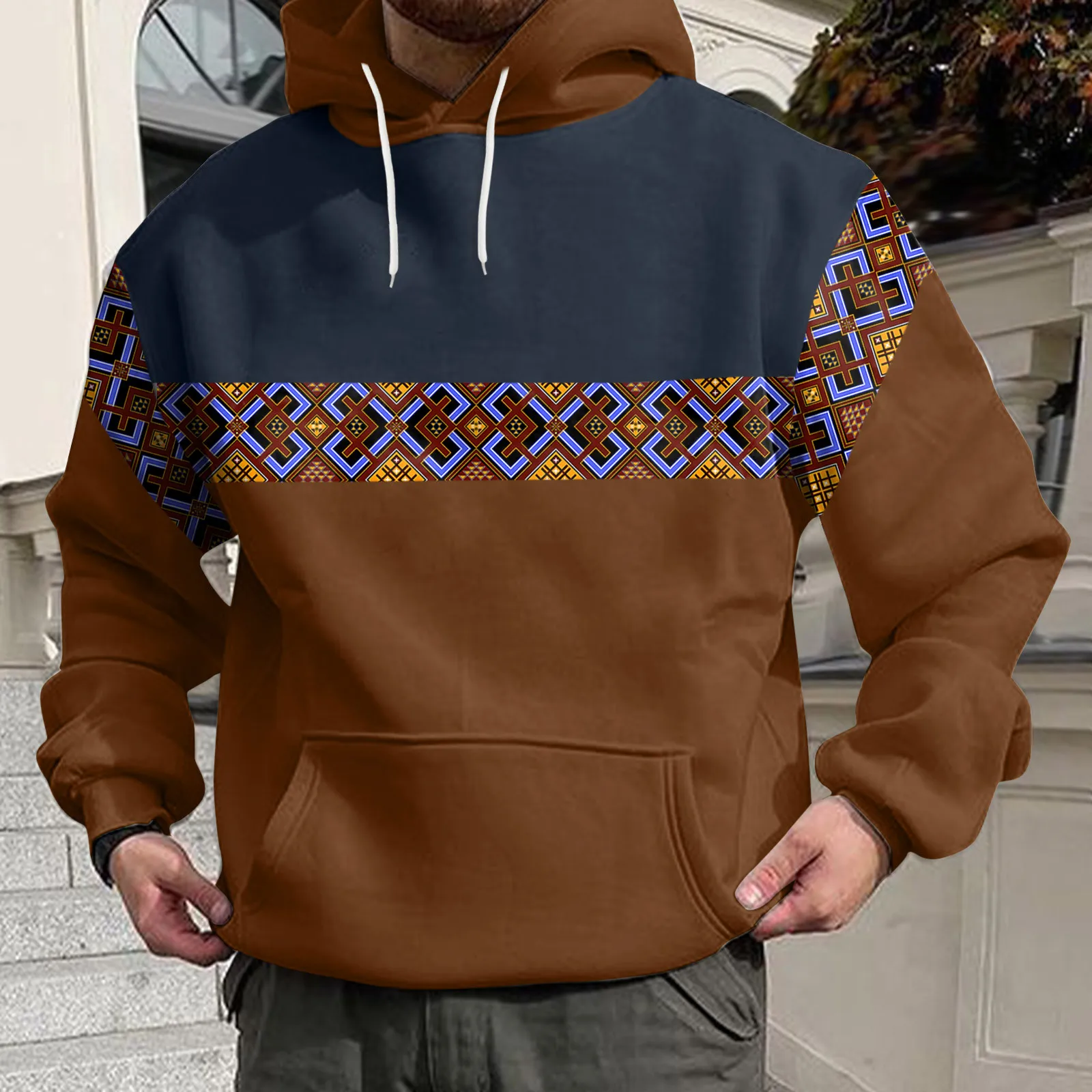 

Vintage Ethnic Print Sweatshirts Hooded Sweatshirt Color Block Sweater Oversized Men's Sweatshirt Loose Long Sleeve Sudaderas