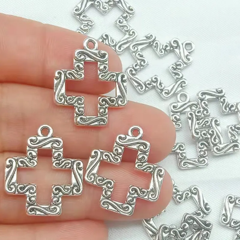 

12pcs 20x18mm Hollow Cross Charms Pendant Antique Silver Color For Jewelry Making Zinc Alloy Jewelry Findings