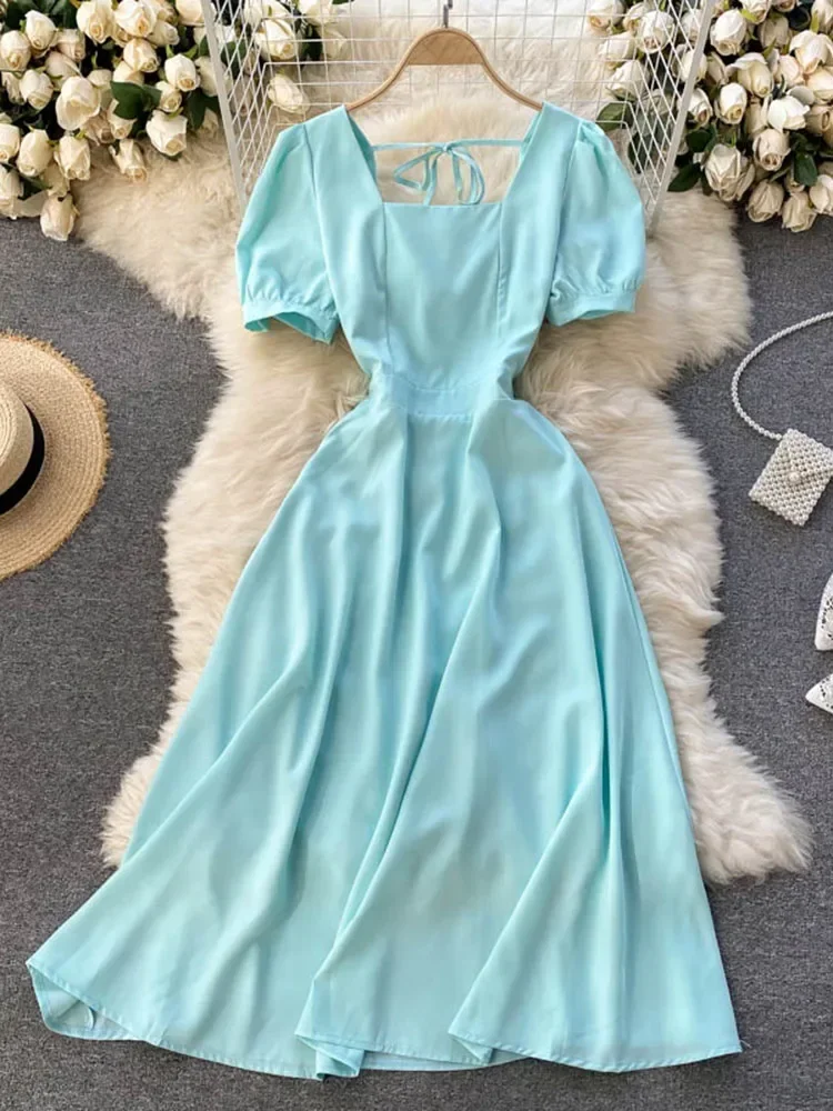 Летнее французское платье в стиле ретро женское миди с квадратным воротником и