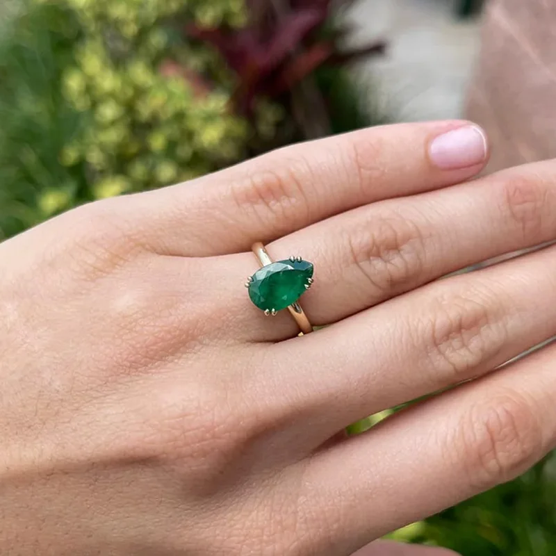 

Emerald Gems Ring Lab-created 2 Carat Pear Cut Dark Green Solitaire 14K 18K Yellow Gold Engagement Wedding Gift