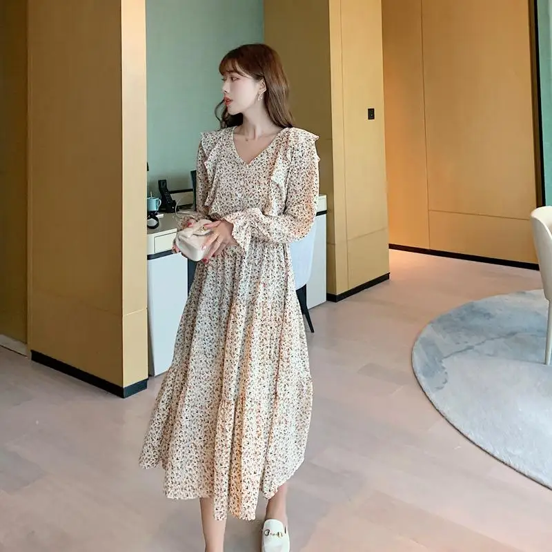 

New Fashion Korean Small Women Summer Dresses Sweet Floral V-neck Long Sleeve Chiffon Mid Vestidos Teen Girl Flounced Edge Skirt
