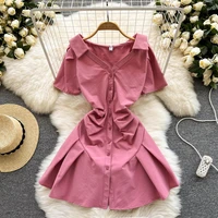2022 summer fashion runway shirt dress womens puff sleeve elegant pink ruffles folds office lady chic cotton mini dress buttons