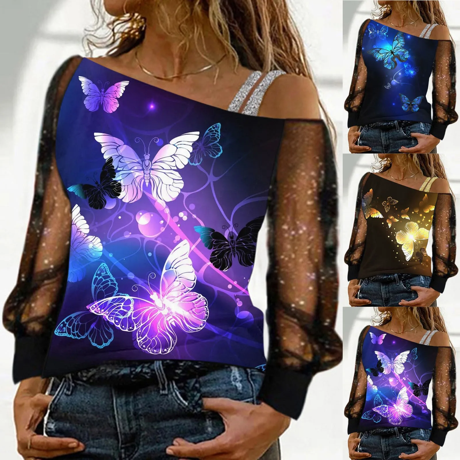 

Женская сетчатая блузка с открытыми плечами и длинным рукавом