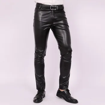 2023 Men's Slim Fit Skinny Pants Tight Stretch Leather Pants Teen Trend Motorcycle PU Leather Pants 1
