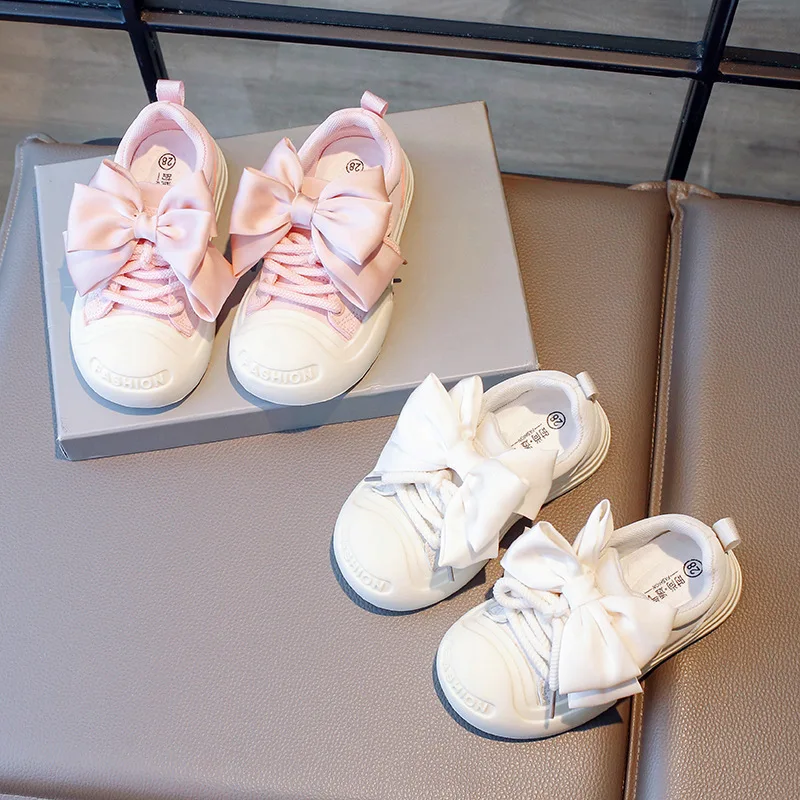 

Кеды детские на шнуровке, розовые холщовые кроссовки с бантом, плоская подошва, круглый носок, на осень, A341