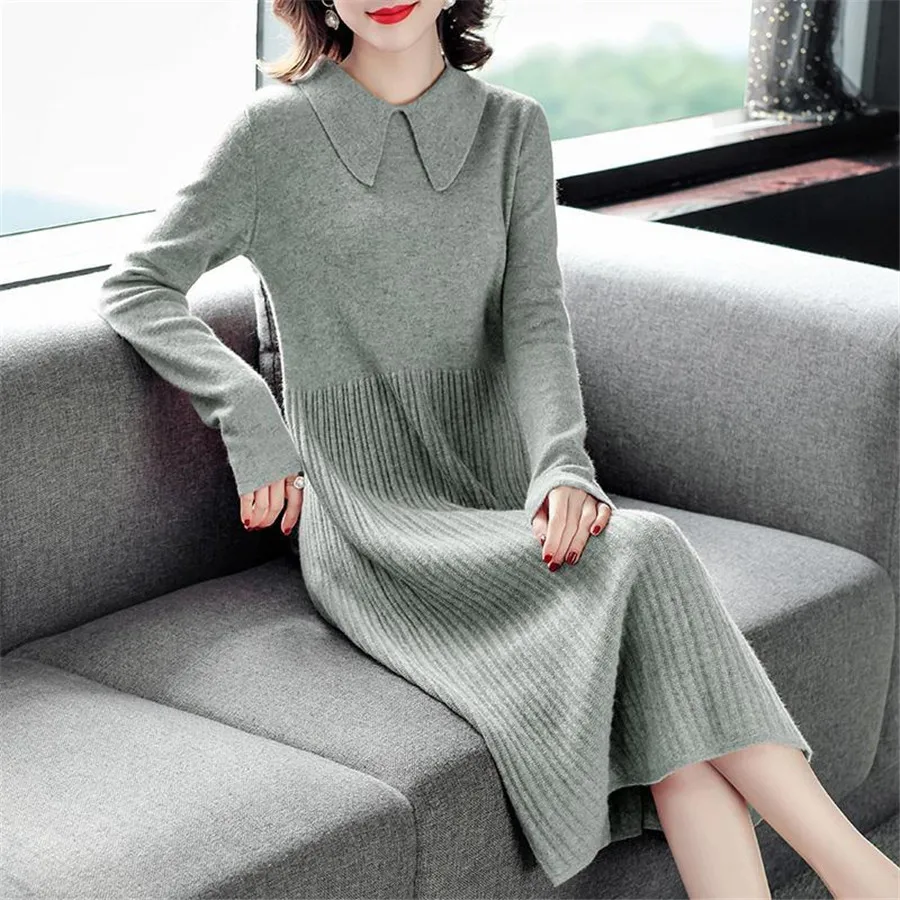 

Зимнее вязаное элегантное женское платье-свитер, Осеннее плотное теплое длинное платье миди, элегантное однотонное офисное женское платье-...