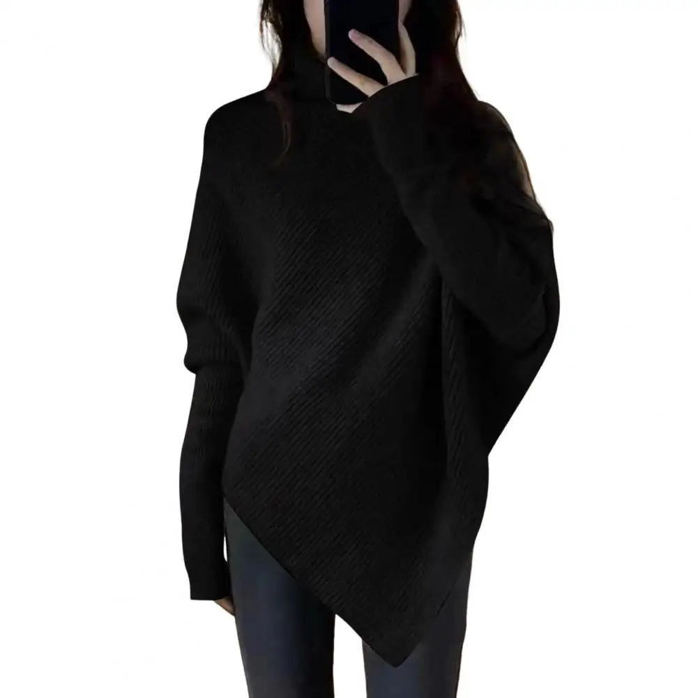 Осенне-зимний женский свитер с высоким воротником и асимметричным подолом