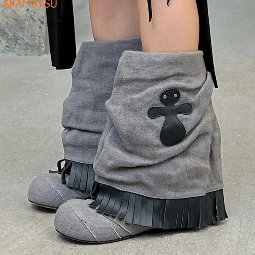 

Женские ботинки с круглым носком, декоративные нишевые короткие сапоги с бахромой в стиле ретро, модная Осенняя обувь на массивном каблуке, без застежки