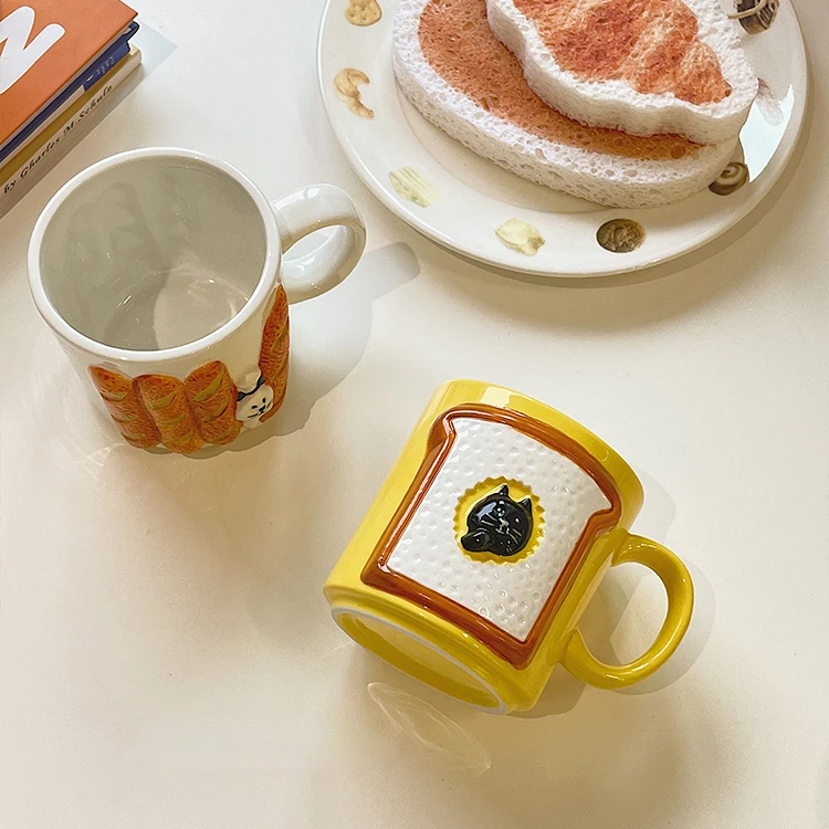Ceramic Mug Coffee Cup Three-dimensional Stick Bread Cat Relief Breakfast for |
