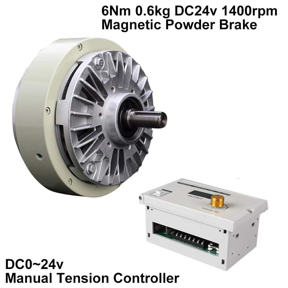 Magnetic Powder Brake 6Nm 0.6kg DC 24V One Single Shaft W/Manual Tension Controller Kits for Bagging Printing Dyeing Machine