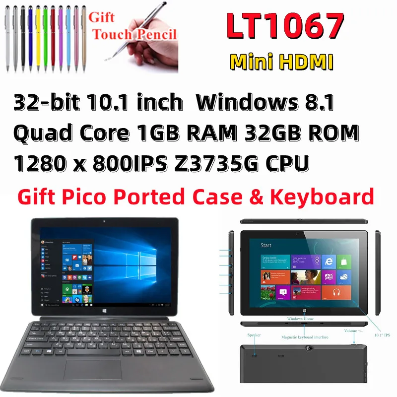 10.1‘’ LT1067 Windows 8.1 Tablet PC With Pico Ported Case & Keyboard Quad Core 1+32GB 32-bit 1280 x 800IPS CPU Z3735G Mini HDMI