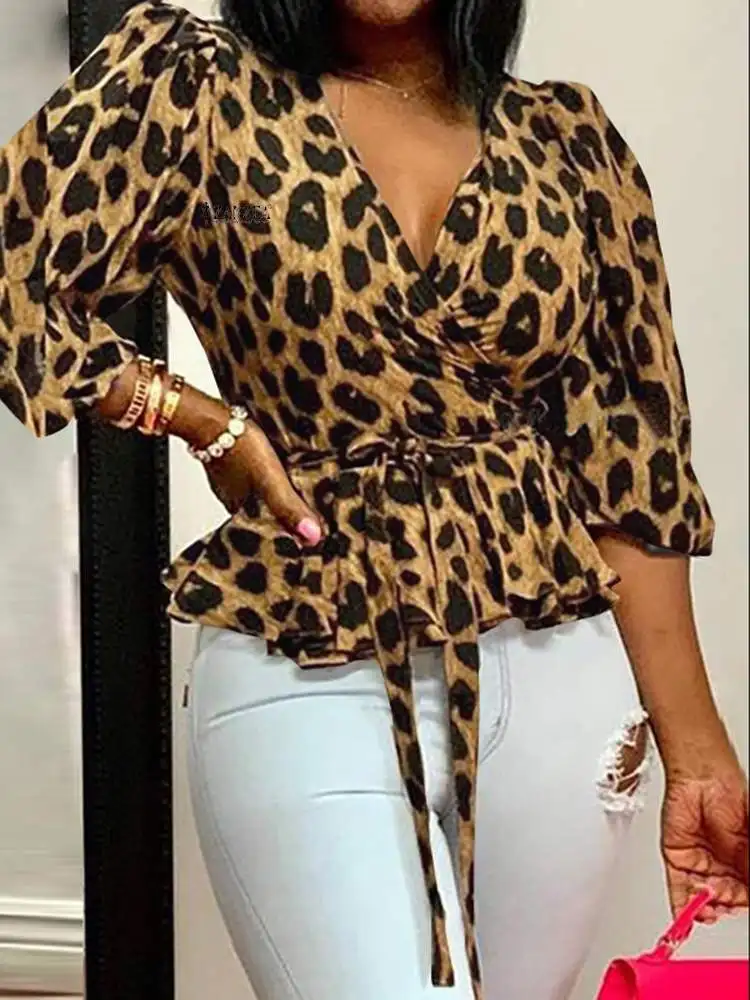 Zanzea Топ С Леопардовым Принтом Для Женщин V-образный Вырез Шнуровка Рукав Три