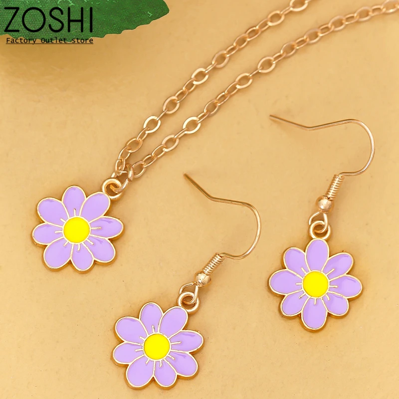 

Purple Daisy Flower Jewelry Set for Girl Children Women Fashion Party Jewelry Gold Plated Pendant Necklace Drop Earrings