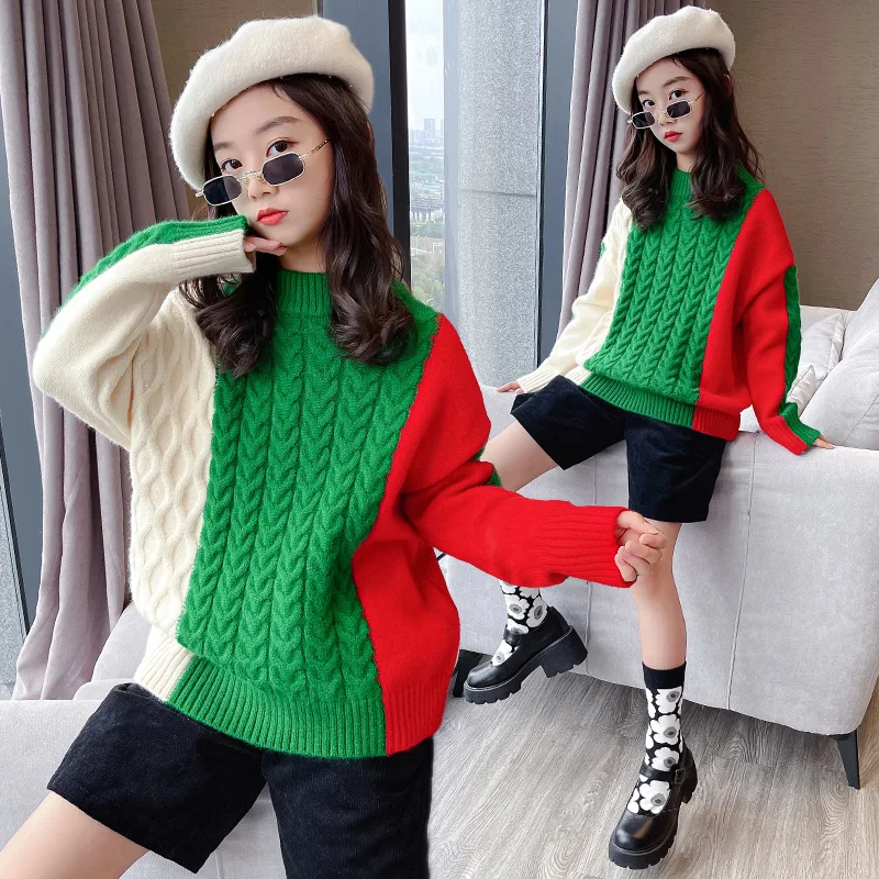 

Детская одежда для подростков, осенне-зимний модный жаккардовый свитер, плотный теплый пуловер в стиле пэчворк для девочек, вязаный Топ 4-14 лет