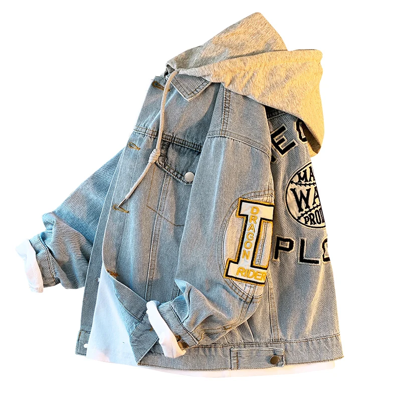 Джинсовая куртка для мальчиков 4-16 лет хлопковая с капюшоном и надписью одежда из