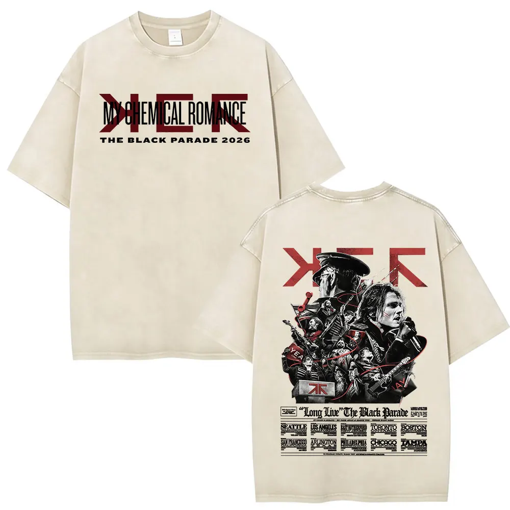 Фото Футболка Rock Band My Chemical Romance с эффектом потертости, коллекция The Black Parade 2026 Tour, мужская одежда, готические свободные футболки, уличный стиль №3