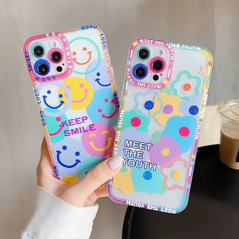 

Free Shipping For iPhone 14 Pro Max 13 12 11 X XS XR 7 8 Plus Transparent Soft Shockproof Cover Colorful Flowers Smile Clear Ph