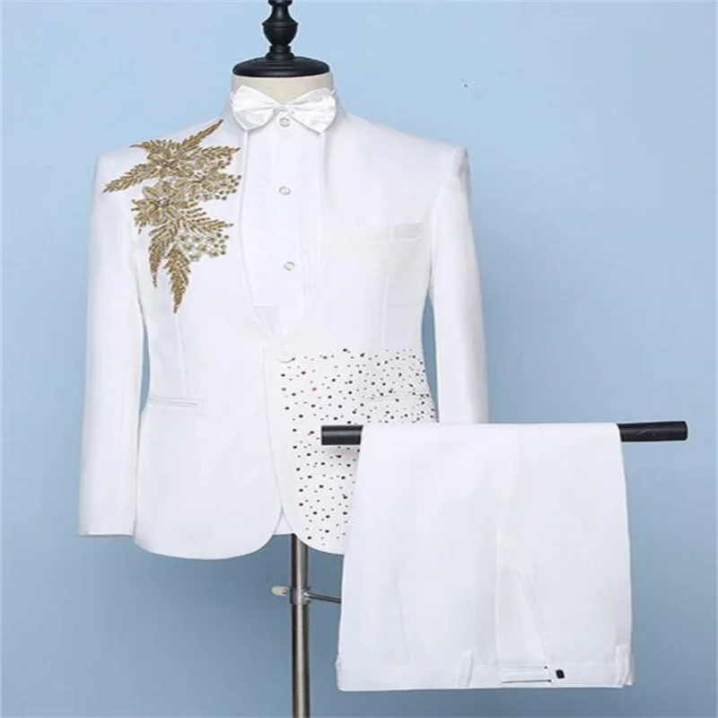 Embroidered diamond flowers suits men's blazers jackets singer piano costume new stage performance dress white chaquetas