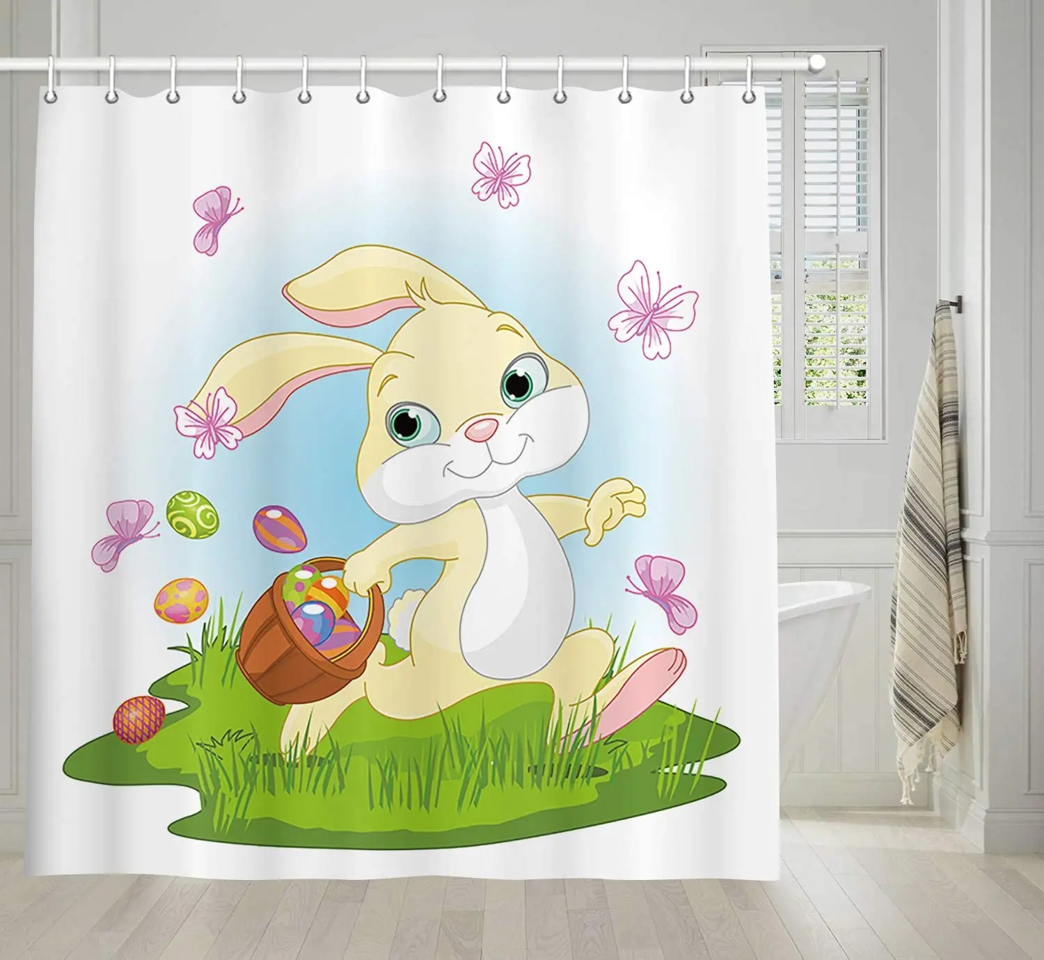 

Занавеска для душа Happy Easter с рисунком милого кролика и яйца, ромашки, цветы, Полиэстеровая ткань, занавеска для ванной комнаты, набор с крючками
