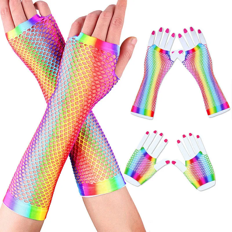 1 Paio Di Guanti A Rete A Rete Sexy Da Donna Color Arcobaleno Con Fori Scavati Guanti Senza Dita Lady Disco Dance Costume Mitten