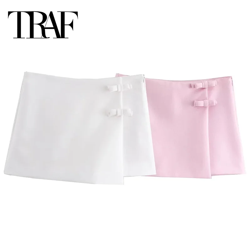 Юбка-шорты женская с бантом средней посадки розовая/белая