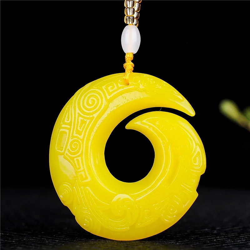 

Chinese Jade Yellow Hand Carved Safety Ring Jade Pendant Fashion Boutique Jewelry Men's and Women's Transport Ring Necklace Gift